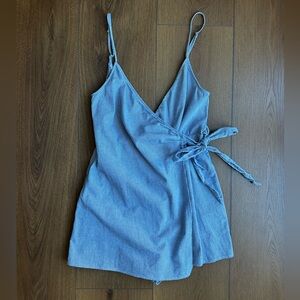 Show Me Your MuMu Light Blue Wrap Mini Dress with Shorts underneath & Side Tie